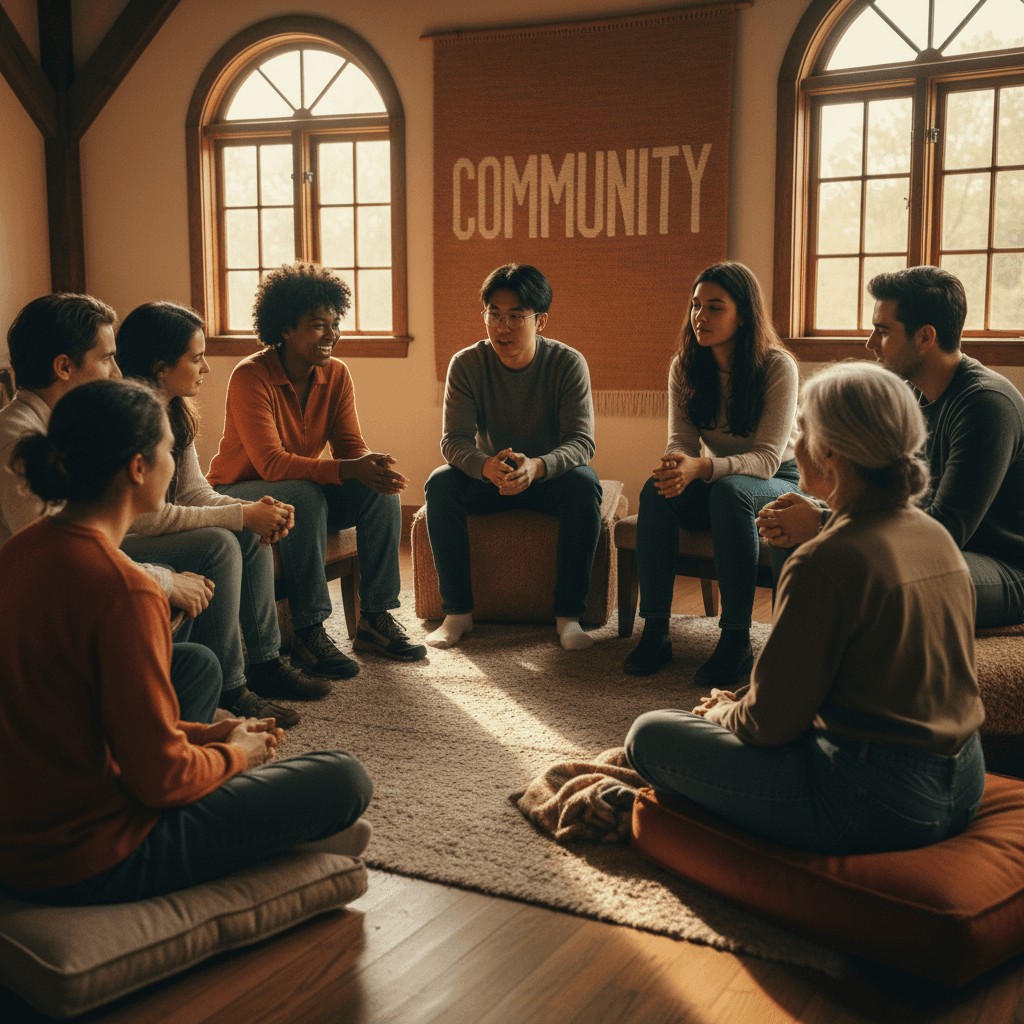 Youth and mentors in group support session circle