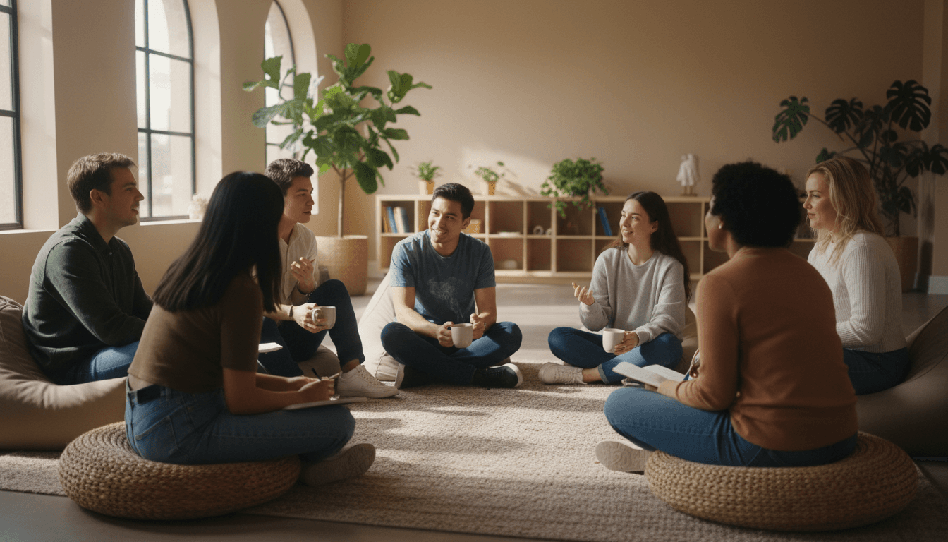 Young people and mentors gathered in a circle during a community support session in New York