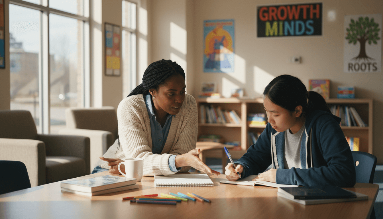 Youth and mentor engaged in mentoring conversation at community center