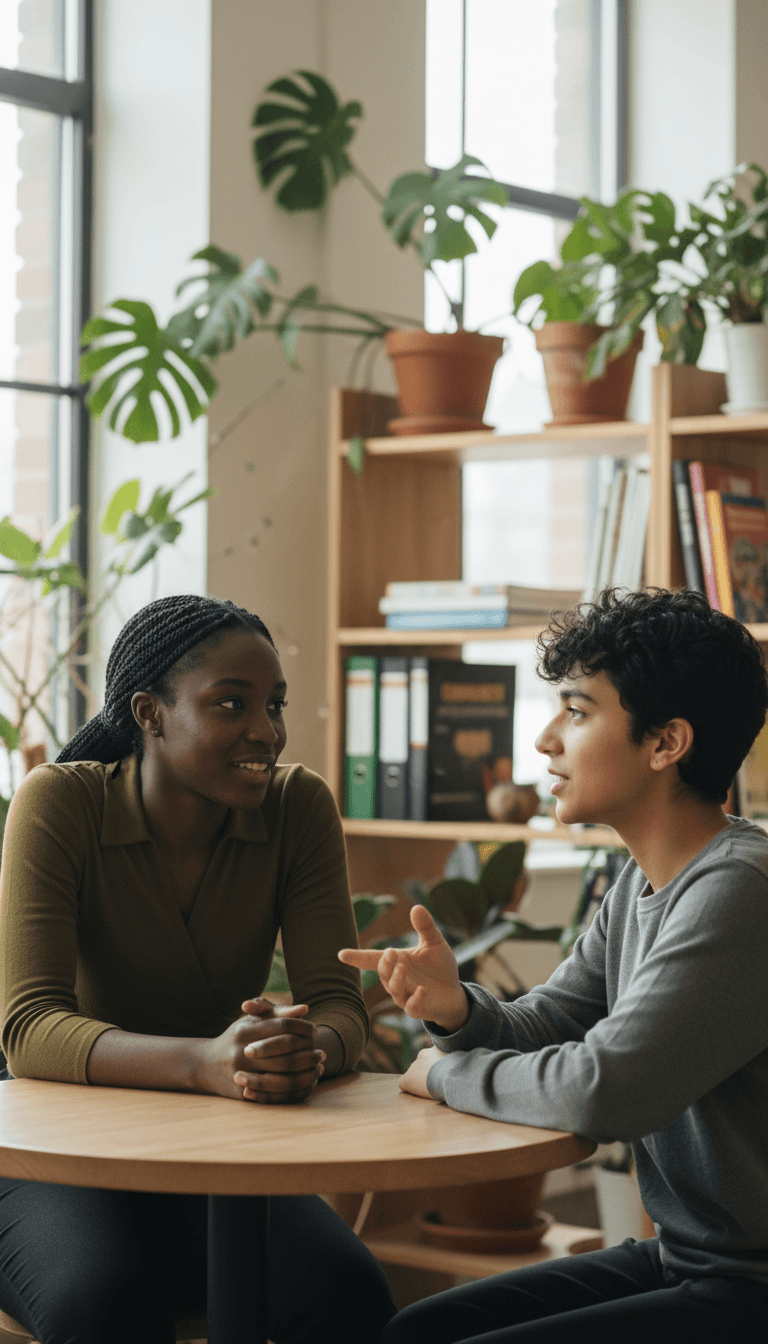 Young mentor and youth in meaningful conversation during an outdoor mentoring session in New York
